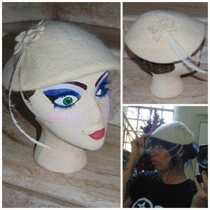 Vtg Creme White 50's Angora Feather Fascinator Hat